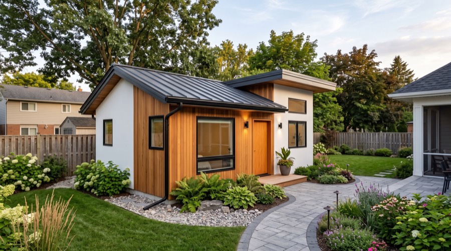 Modern detached backyard ADU with wood siding, black metal roof, and its own front entrance and landscaped path
