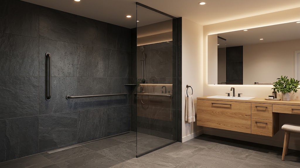 Accessible curbless walk-in shower with grab bars and a zero-threshold entry, part of a ground-floor in-law suite bathroom